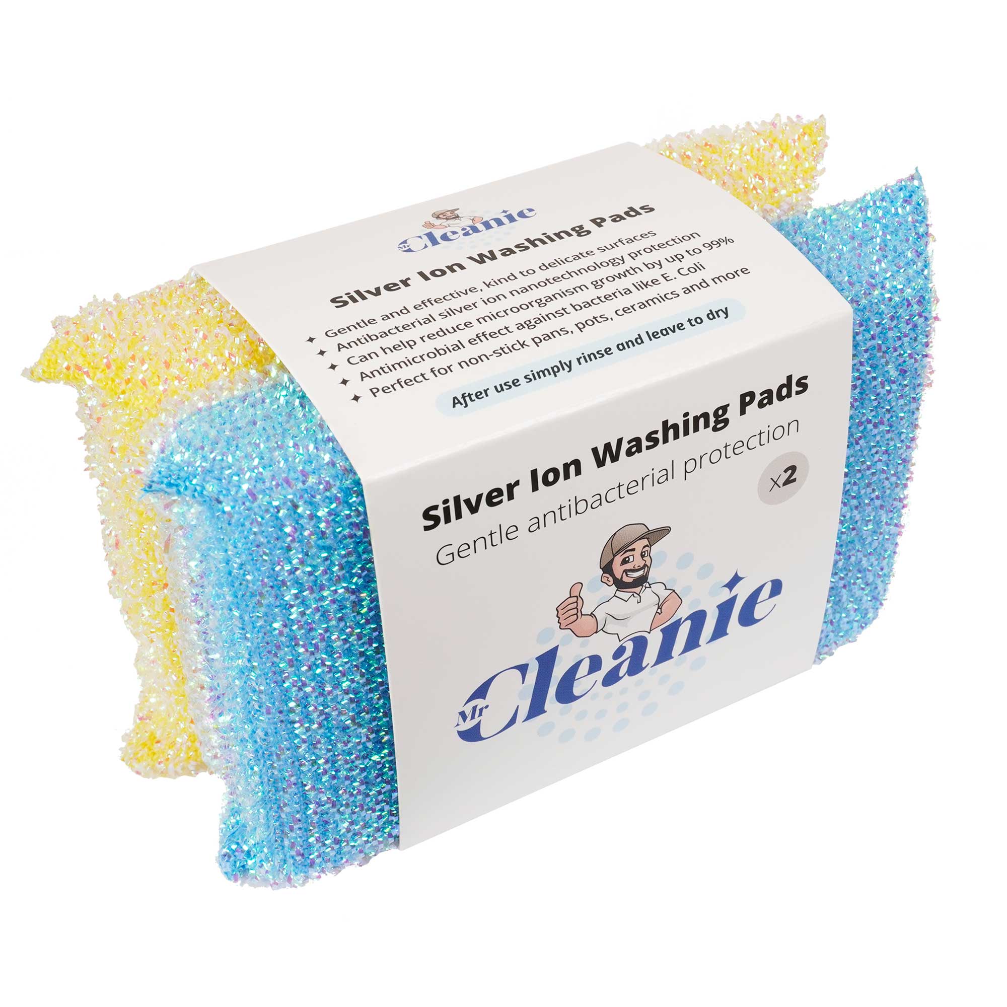 Mr Cleanie Silver Ion Washing Up Non-Scratch Scourer Pads Antibacterial Cleaning Kitchen Bathroom 2-Pack